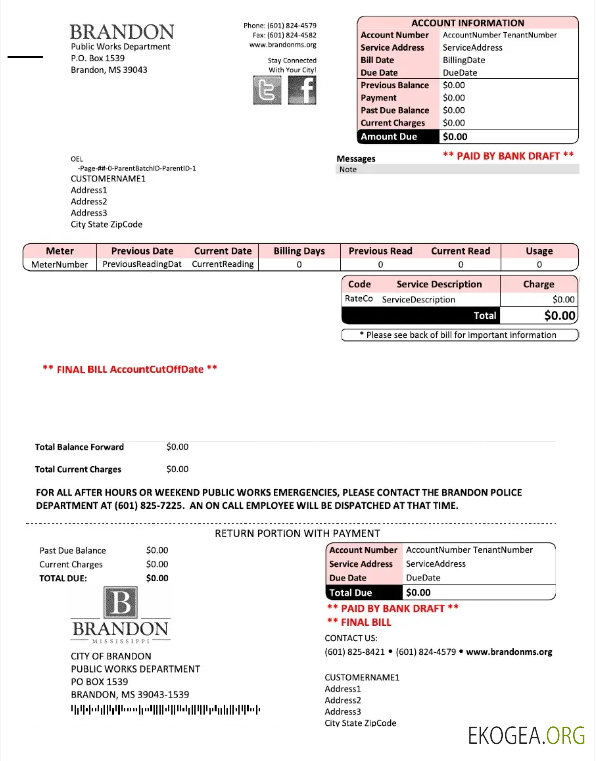 USA BRANDON MISSISSIPPI utility bill Word and PDF template